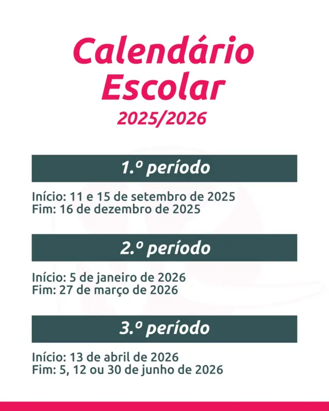 Falta exatamente 1 mês para começar o novo ano letivo, por isso é importante ter as datas certas para organizar bem o estudo, as explicações e o descanso.

Aqui ficam os períodos de aulas:
1️⃣ 1.º período: 11 de setembro a 16 de dezembro de 2025
2️⃣ 2.º período: 5 de janeiro a 27 de março de 2026
3️⃣ 3.º período: as datas variam conforme o ano, entre 5 e 30 de junho.

Já coloquei estas datas no meu calendário. E vocês, já têm as vossas?