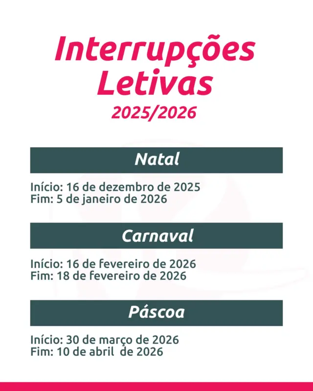 Já estão disponíveis as datas das interrupções letivas 2025/2026!

Estas pausas são sempre momentos importantes para descansar, mas também para reorganizar os estudos, consolidar conhecimentos ou até recuperar matérias em atraso.

Como explicadora, costumo ajustar os meus horários nestes períodos para ajudar quem quer aproveitar as férias para reforçar aprendizagens ou preparar-se para avaliações.

Aqui ficam as datas-chave:
👉 Natal: 16 de dezembro de 2025 a 5 de janeiro de 2026
👉 Carnaval: 16 a 18 de fevereiro de 2026
👉 Páscoa: 30 de março a 10 de abril de 2026

Estamos quase a regressar à rotina e este é o momento ideal para organizarmos juntos o novo ano letivo.
Vamos começar o ano preparados para o sucesso 📝✨

#interrupcoesletivas #explicadora #explicacoes #estudantes #educacaopt #sucessoescolar #feriasletivas #reforcoescolar #organizacao #planeamentoescolar #apoiopedagogico #portugal